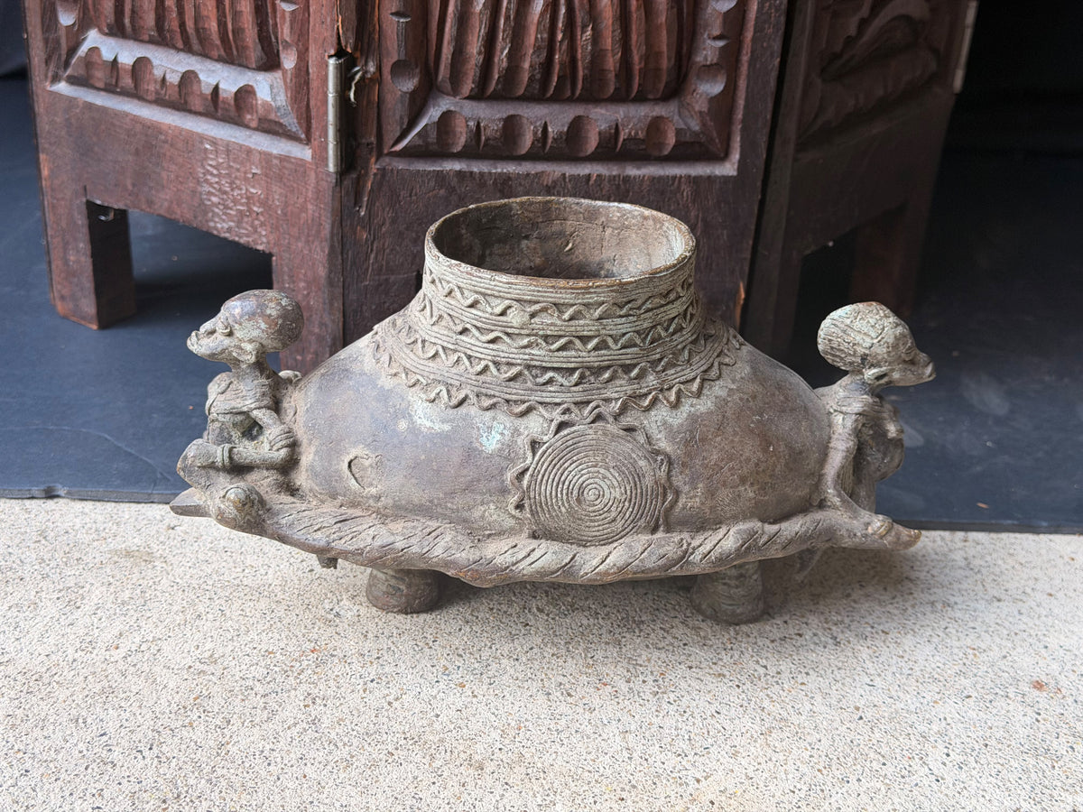 Vintage Dogon Lobi African Bronze Tortoise Vessel Two Figures Lost Wax 9.5"