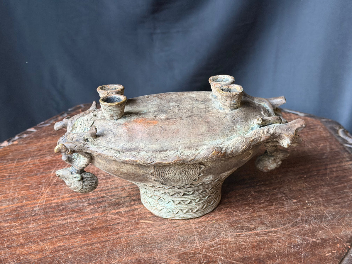 Vintage Dogon Lobi African Bronze Tortoise Vessel Two Figures Lost Wax 9.5"