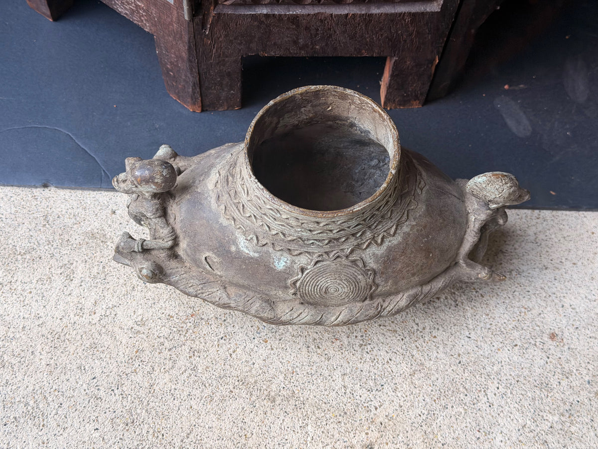 Vintage Dogon Lobi African Bronze Tortoise Vessel Two Figures Lost Wax 9.5"
