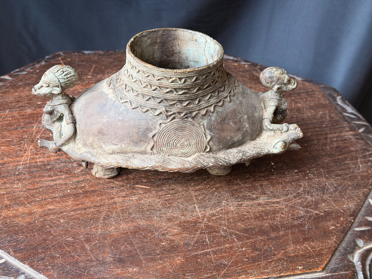 Vintage Dogon Lobi African Bronze Tortoise Vessel Two Figures Lost Wax 9.5"
