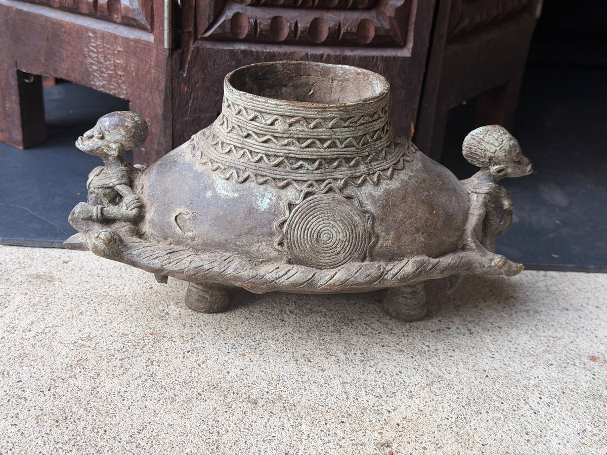 Vintage Dogon Lobi African Bronze Tortoise Vessel Two Figures Lost Wax 9.5"