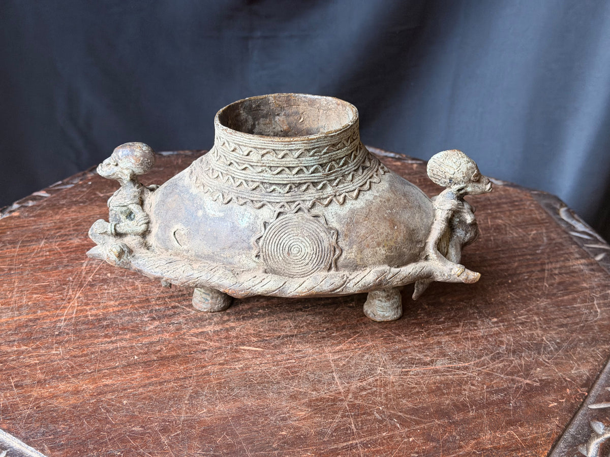 Vintage Dogon Lobi African Bronze Tortoise Vessel Two Figures Lost Wax 9.5"