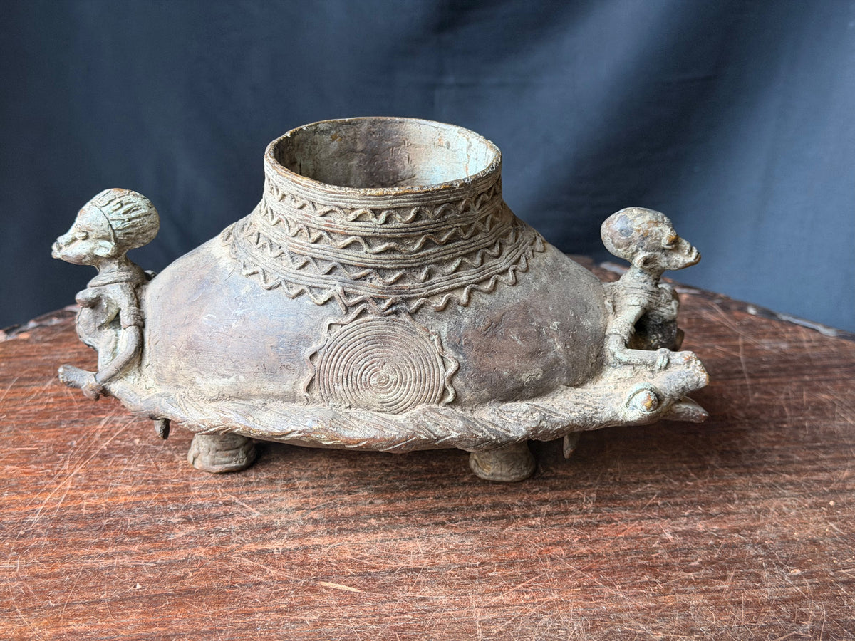 Vintage Dogon Lobi African Bronze Tortoise Vessel Two Figures Lost Wax 9.5"
