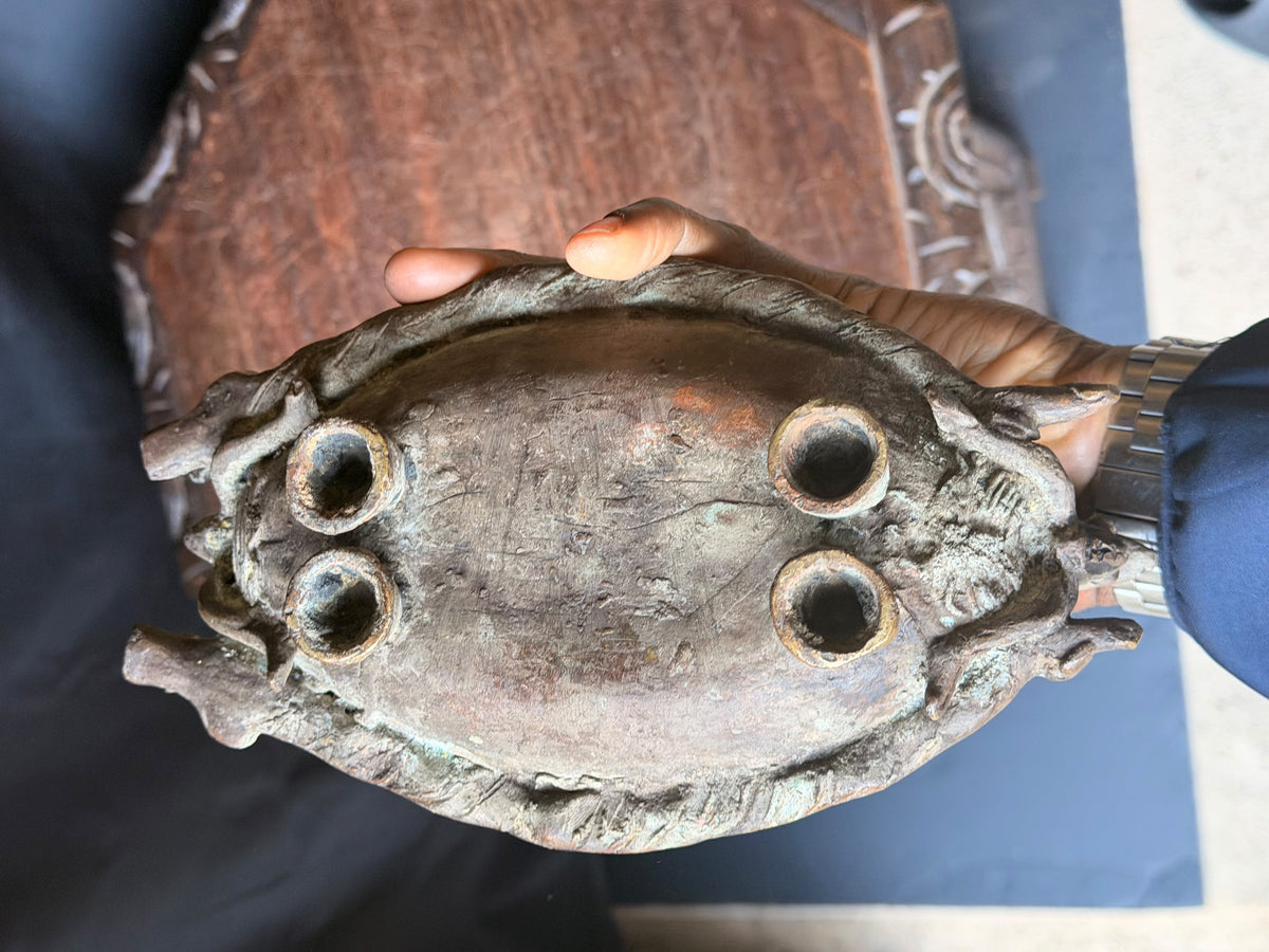 Vintage Dogon Lobi African Bronze Tortoise Vessel Two Figures Lost Wax 9.5"