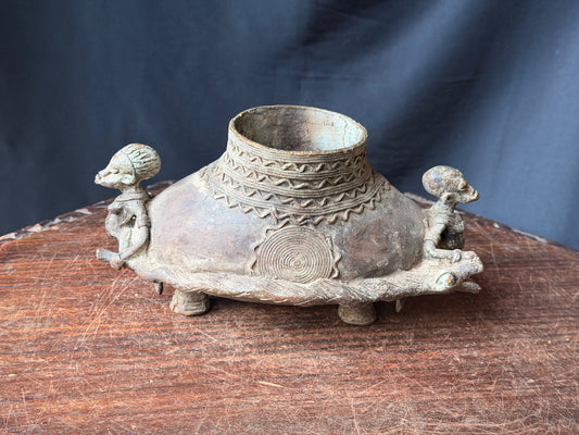 Vintage Dogon Lobi African Bronze Tortoise Vessel Two Figures Lost Wax 9.5"