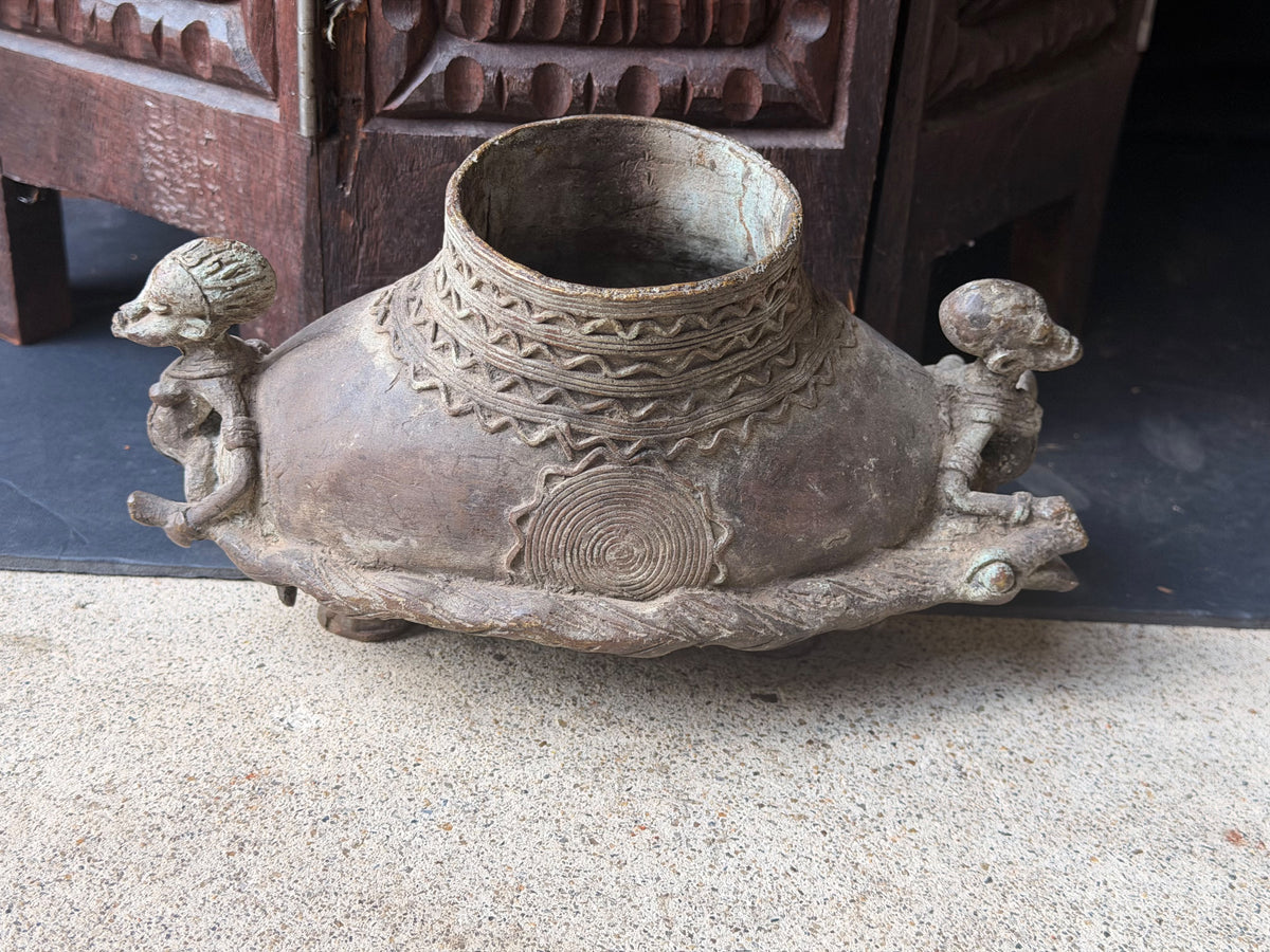Vintage Dogon Lobi African Bronze Tortoise Vessel Two Figures Lost Wax 9.5"