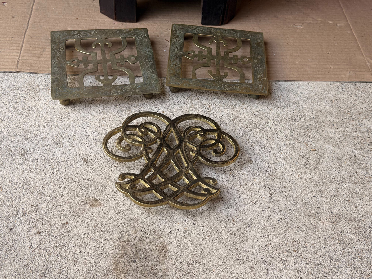 Vintage Brass Trivets Lot 3 Thomas Jefferson Cipher 1951 & Chinese Engraved Pair