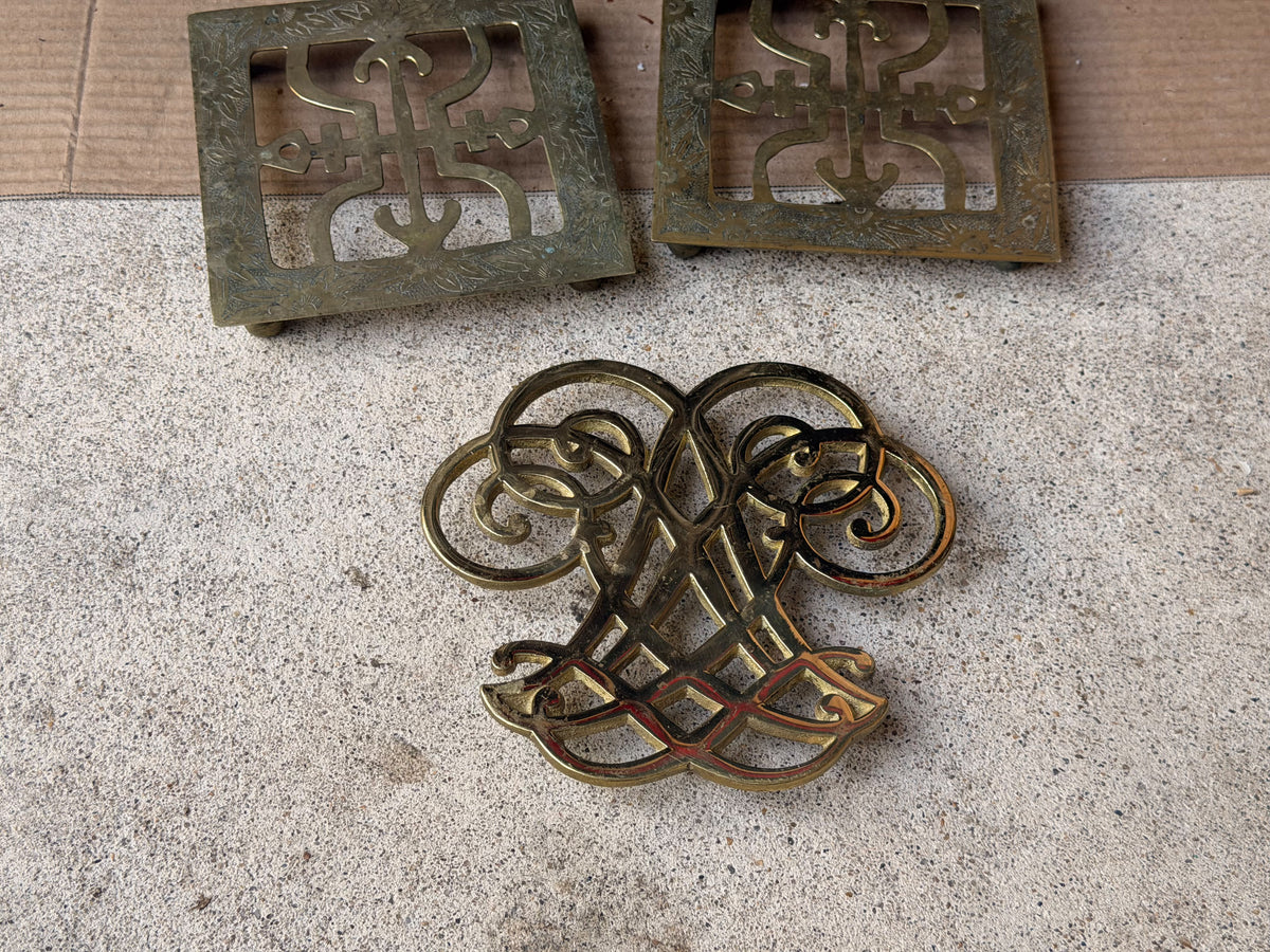 Vintage Brass Trivets Lot 3 Thomas Jefferson Cipher 1951 & Chinese Engraved Pair