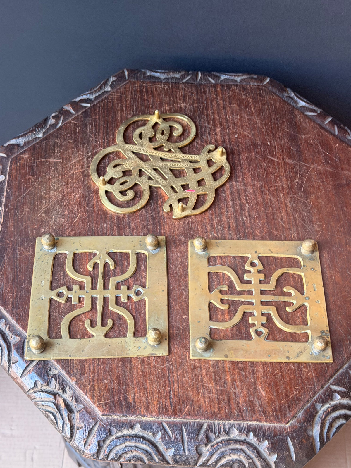 Vintage Brass Trivets Lot 3 Thomas Jefferson Cipher 1951 & Chinese Engraved Pair