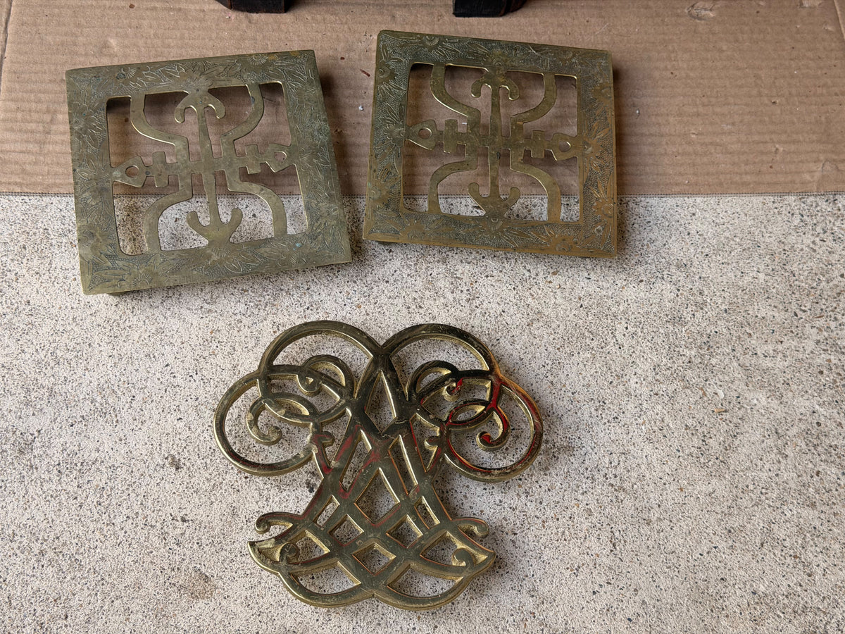 Vintage Brass Trivets Lot 3 Thomas Jefferson Cipher 1951 & Chinese Engraved Pair