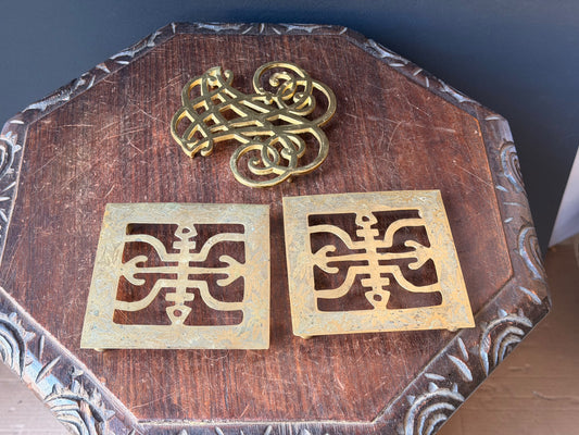 Vintage Brass Trivets Lot 3 Thomas Jefferson Cipher 1951 & Chinese Engraved Pair
