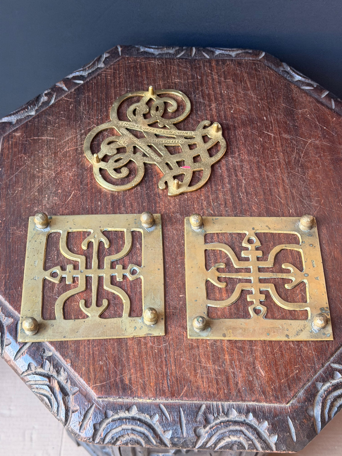 Vintage Brass Trivets Lot 3 Thomas Jefferson Cipher 1951 & Chinese Engraved Pair
