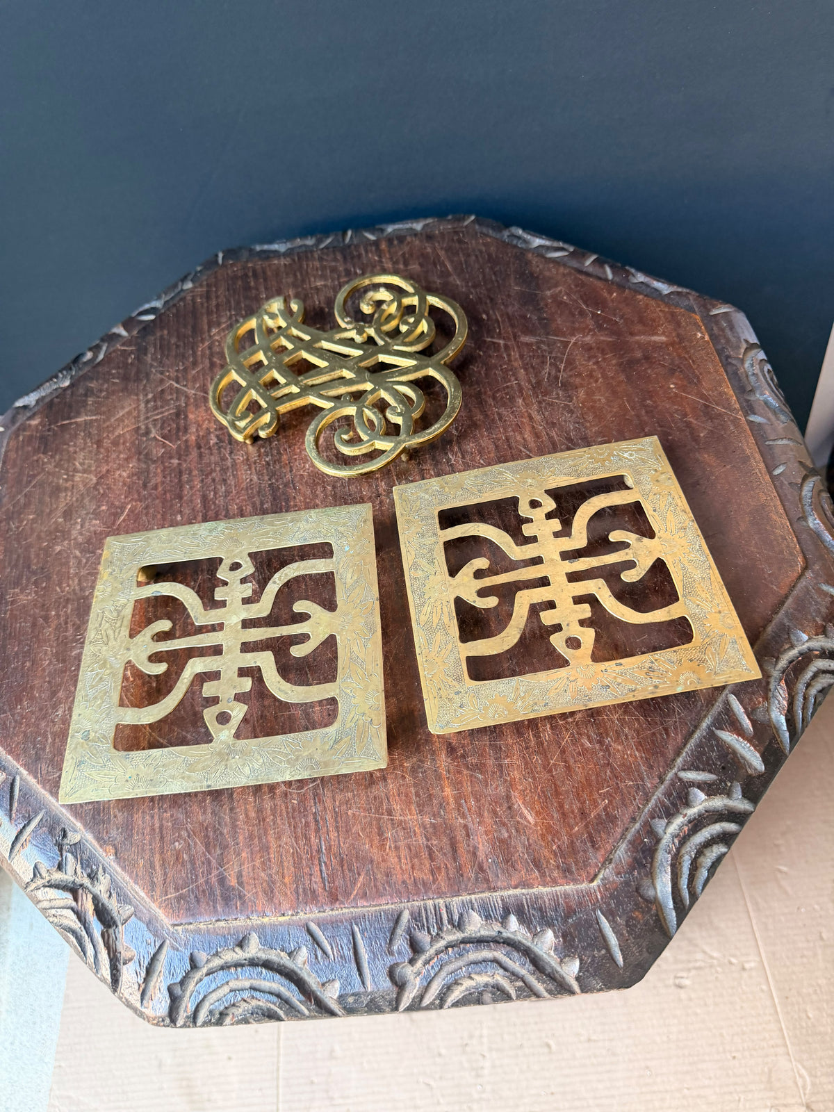 Vintage Brass Trivets Lot 3 Thomas Jefferson Cipher 1951 & Chinese Engraved Pair