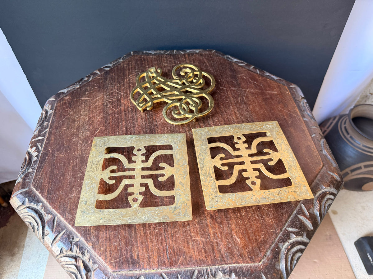 Vintage Brass Trivets Lot 3 Thomas Jefferson Cipher 1951 & Chinese Engraved Pair