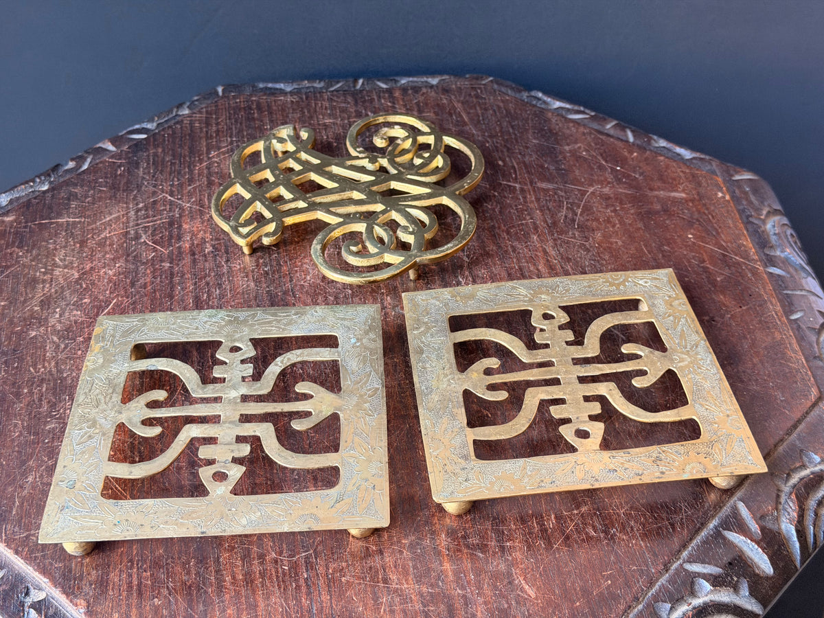 Vintage Brass Trivets Lot 3 Thomas Jefferson Cipher 1951 & Chinese Engraved Pair
