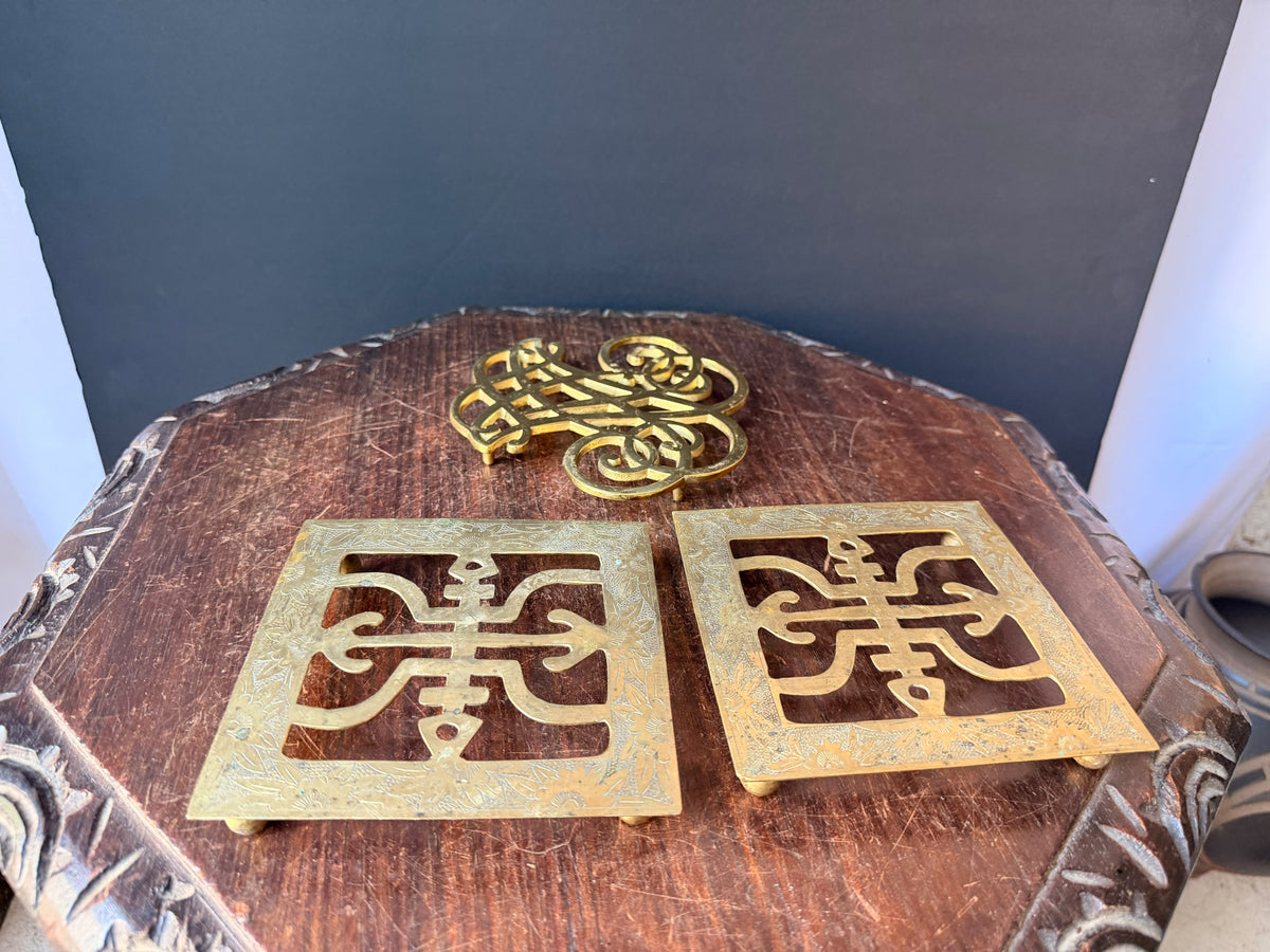 Vintage Brass Trivets Lot 3 Thomas Jefferson Cipher 1951 & Chinese Engraved Pair