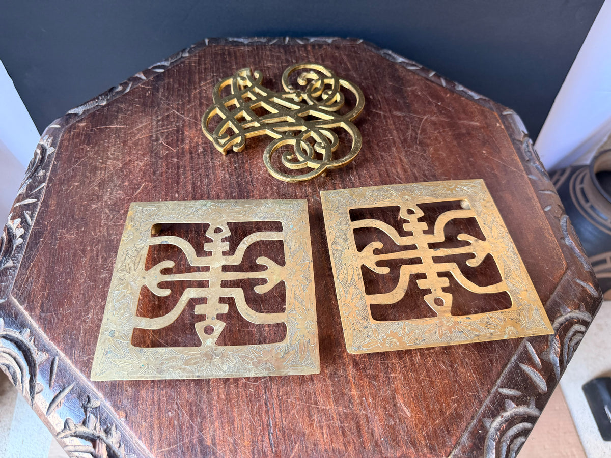 Vintage Brass Trivets Lot 3 Thomas Jefferson Cipher 1951 & Chinese Engraved Pair