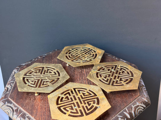 Vintage Brass Trivets Set of 4 Hexagonal Chinese Shou Longevity Footed 6.5"
