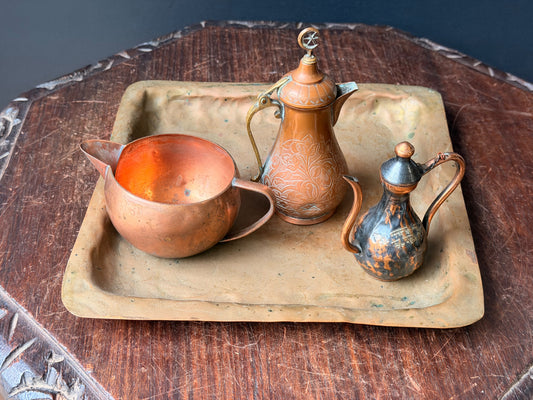 Vintage Turkish Style Copper Coffee Pot Crescent Finial Ewer Creamer & Tray Lot