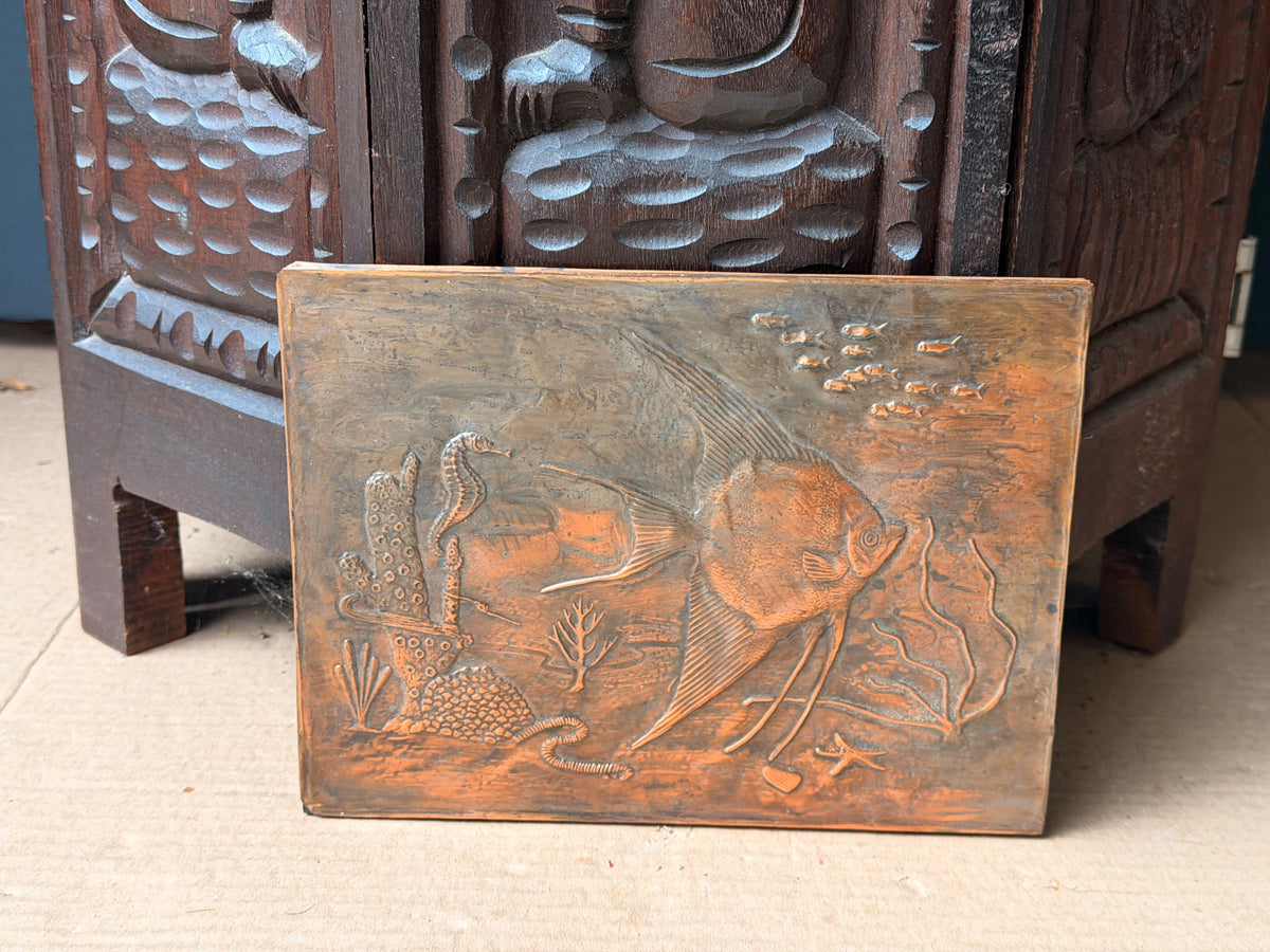 Vintage Embossed Copper Wall Plaque Angelfish Seahorse Sea Life Relief 8 x 6"