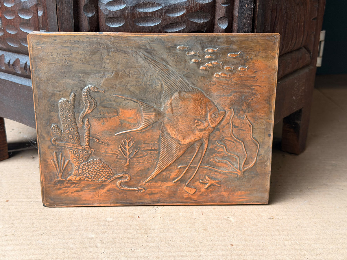 Vintage Embossed Copper Wall Plaque Angelfish Seahorse Sea Life Relief 8 x 6"