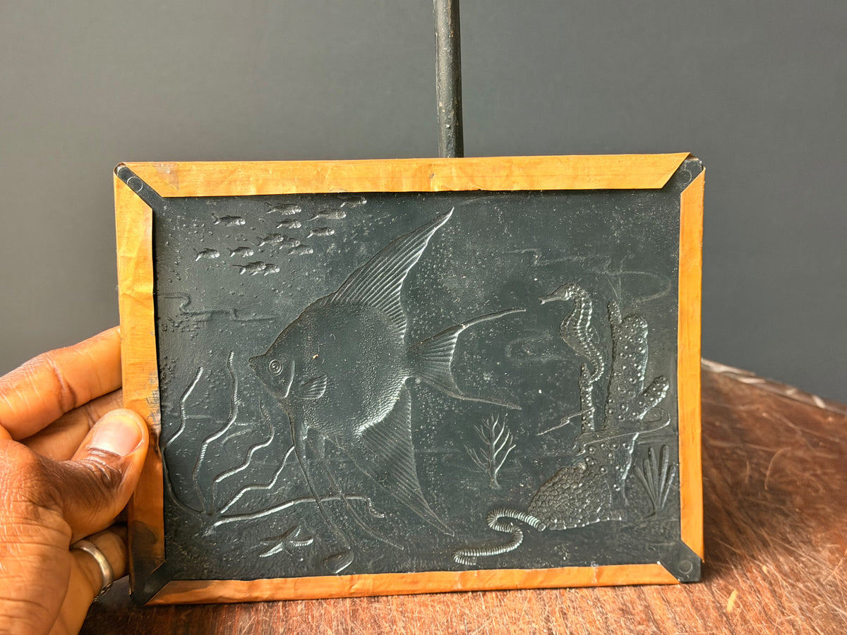 Vintage Embossed Copper Wall Plaque Angelfish Seahorse Sea Life Relief 8 x 6"