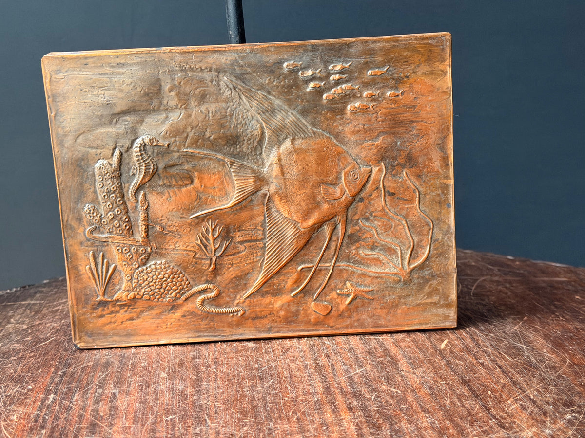 Vintage Embossed Copper Wall Plaque Angelfish Seahorse Sea Life Relief 8 x 6"