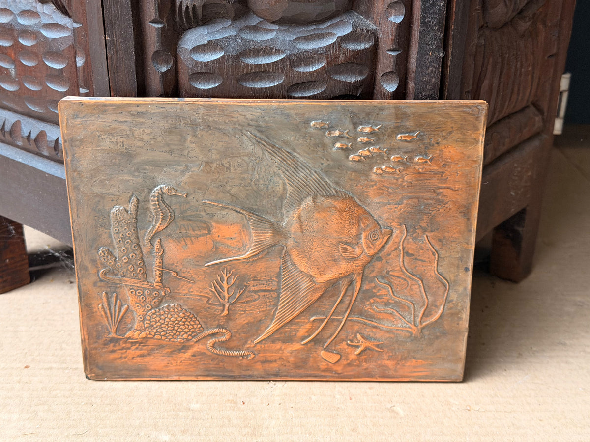 Vintage Embossed Copper Wall Plaque Angelfish Seahorse Sea Life Relief 8 x 6"