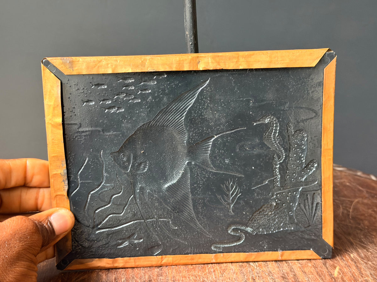 Vintage Embossed Copper Wall Plaque Angelfish Seahorse Sea Life Relief 8 x 6"