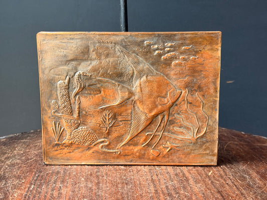Vintage Embossed Copper Wall Plaque Angelfish Seahorse Sea Life Relief 8 x 6"