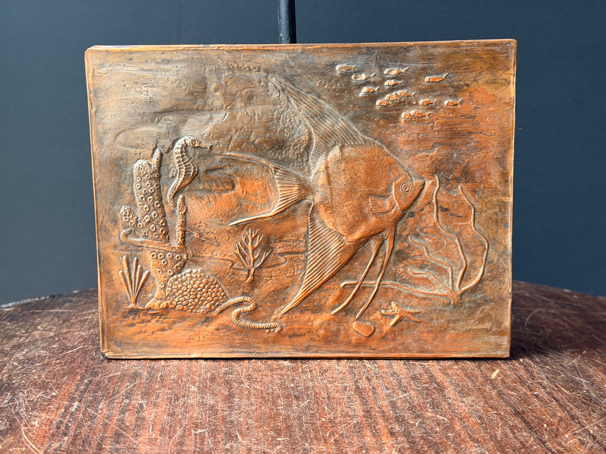 Vintage Embossed Copper Wall Plaque Angelfish Seahorse Sea Life Relief 8 x 6"