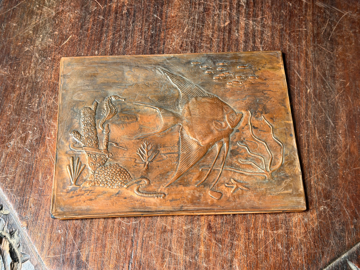 Vintage Embossed Copper Wall Plaque Angelfish Seahorse Sea Life Relief 8 x 6"