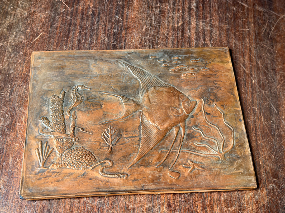 Vintage Embossed Copper Wall Plaque Angelfish Seahorse Sea Life Relief 8 x 6"