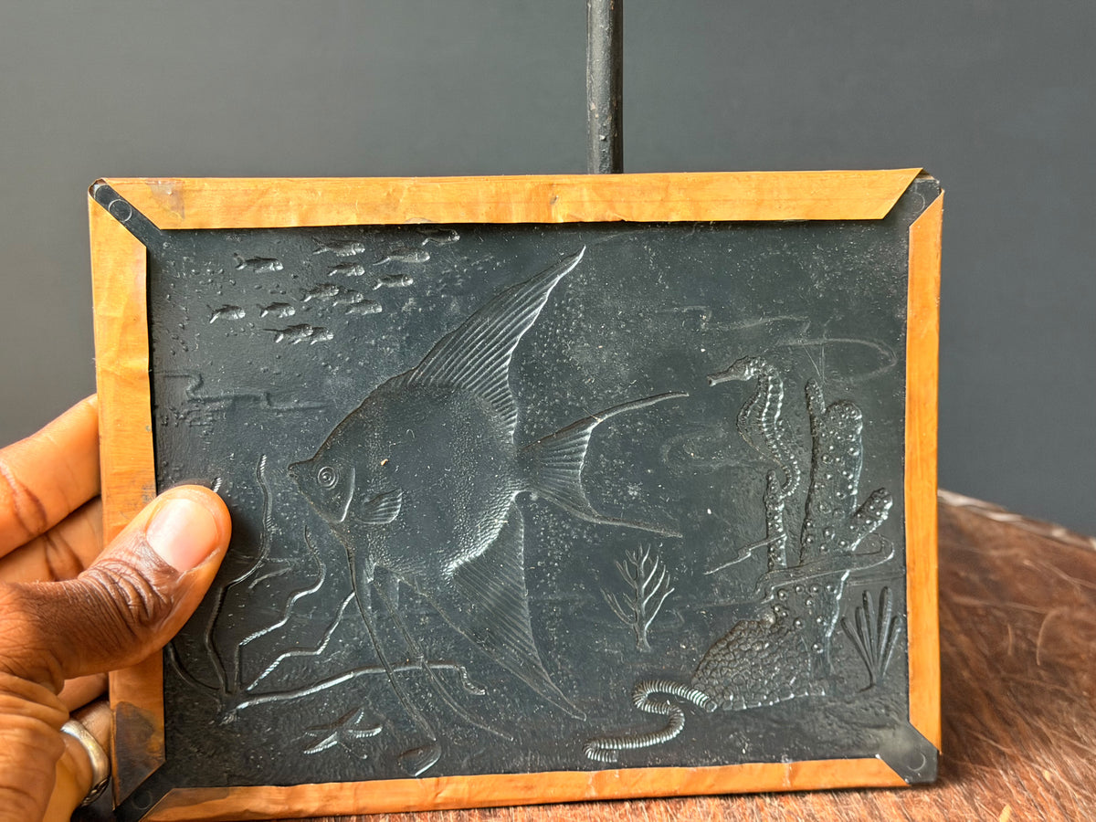 Vintage Embossed Copper Wall Plaque Angelfish Seahorse Sea Life Relief 8 x 6"