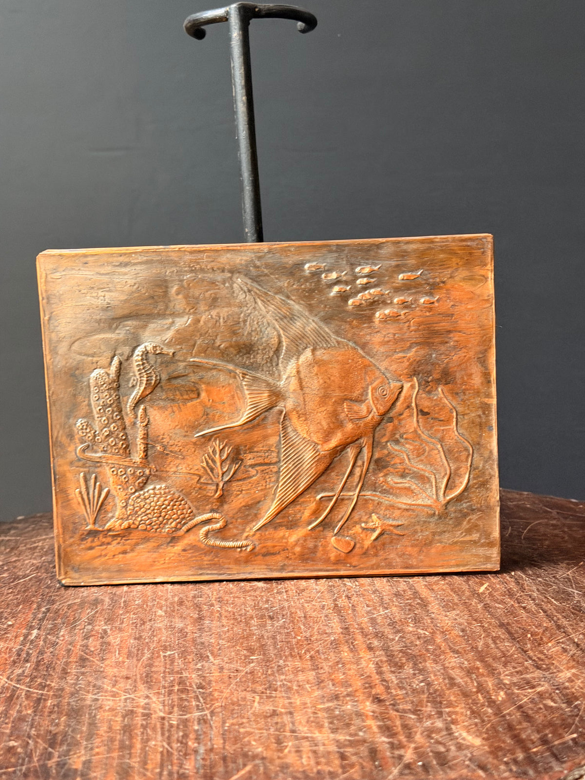 Vintage Embossed Copper Wall Plaque Angelfish Seahorse Sea Life Relief 8 x 6"