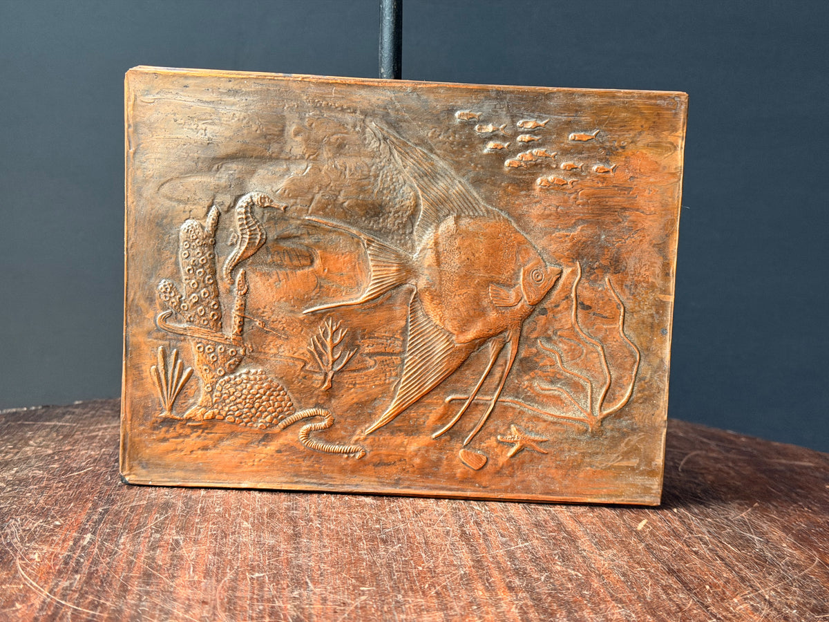 Vintage Embossed Copper Wall Plaque Angelfish Seahorse Sea Life Relief 8 x 6"