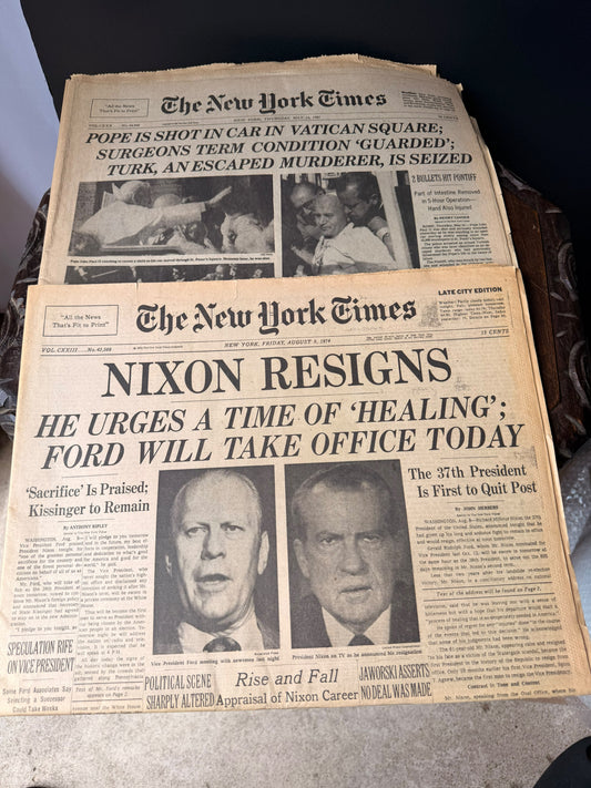 Vintage New York Times Lot Nixon Resigns 1974 & Pope John Paul II Shot 1981