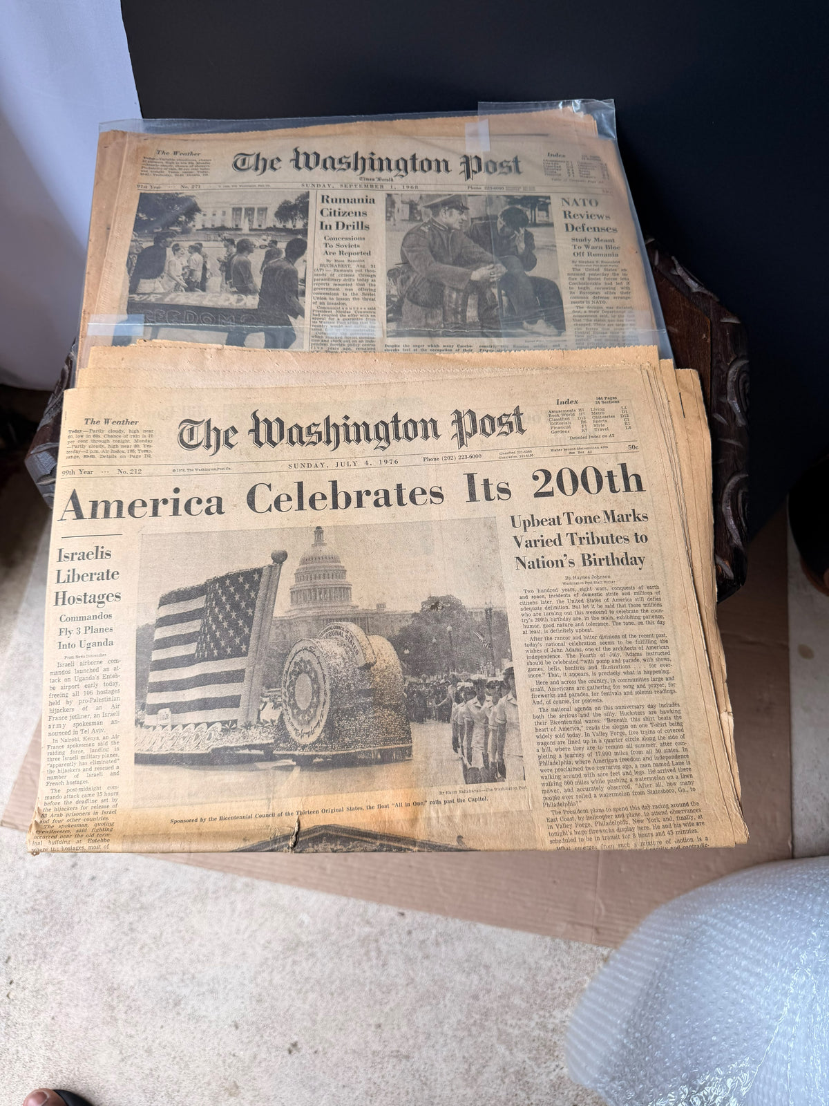 Vintage Washington Post 1968 & July 4 1976 Bicentennial Entebbe Newspaper Lot