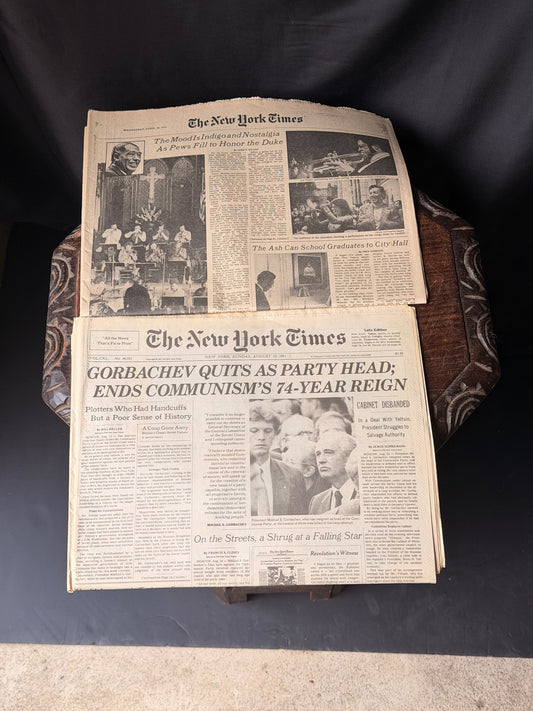 New York Times Aug 25 1991 Gorbachev Quits Party Head & 1975 Duke Ellington Lot