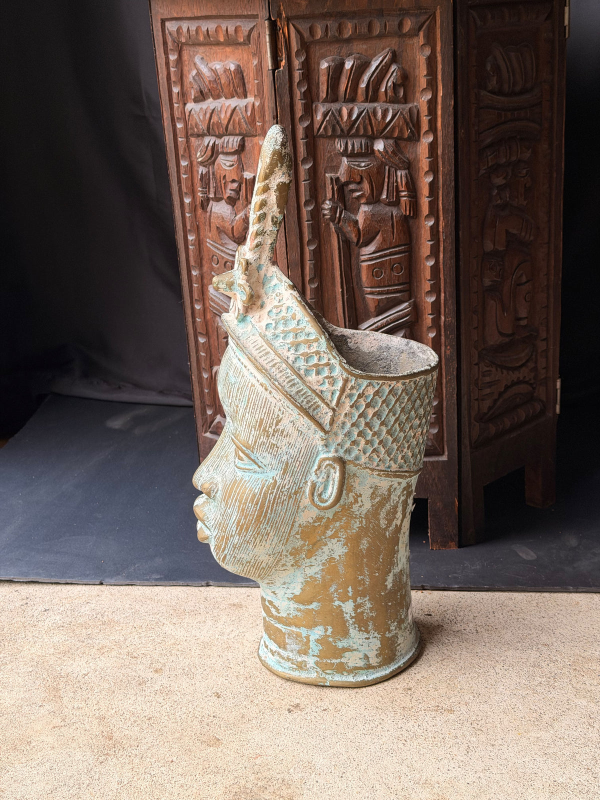 Vintage Nigerian Cast Brass Ife Head Beaded Crown Plume Yoruba Sculpture 18 in