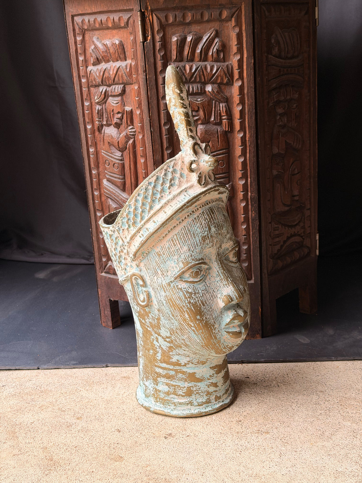 Vintage Nigerian Cast Brass Ife Head Beaded Crown Plume Yoruba Sculpture 18 in