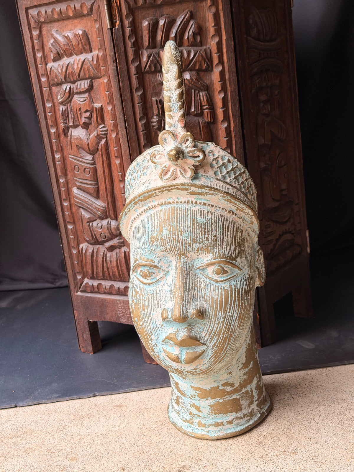 Vintage Nigerian Cast Brass Ife Head Beaded Crown Plume Yoruba Sculpture 18 in