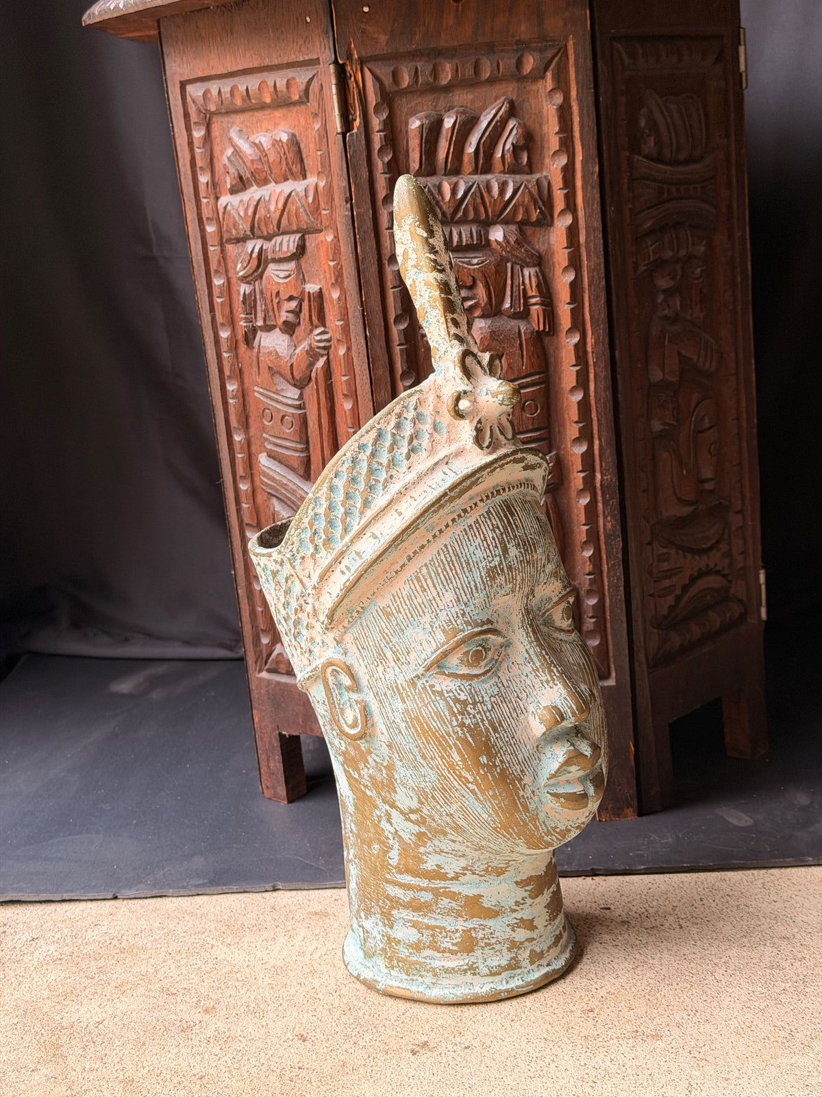 Vintage Nigerian Cast Brass Ife Head Beaded Crown Plume Yoruba Sculpture 18 in