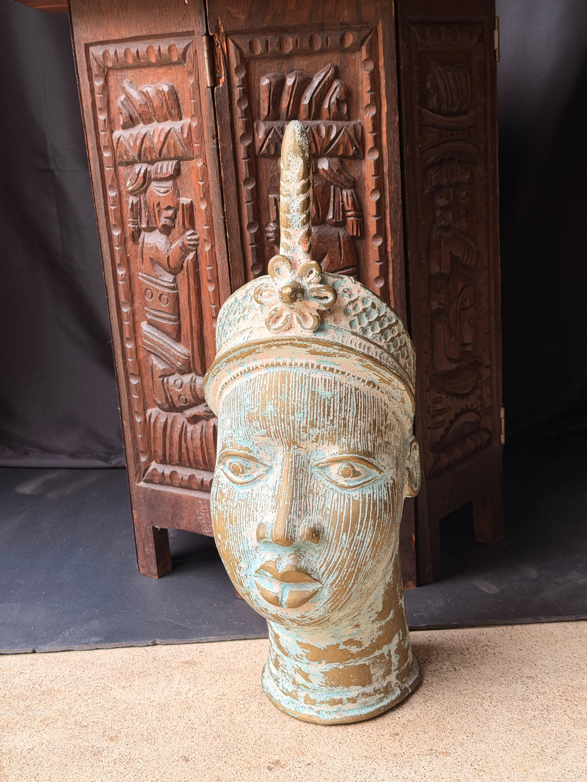 Vintage Nigerian Cast Brass Ife Head Beaded Crown Plume Yoruba Sculpture 18 in