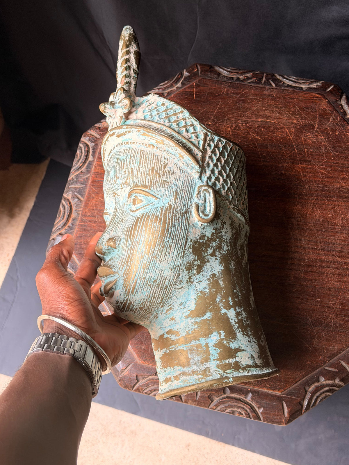 Vintage Nigerian Cast Brass Ife Head Beaded Crown Plume Yoruba Sculpture 18 in