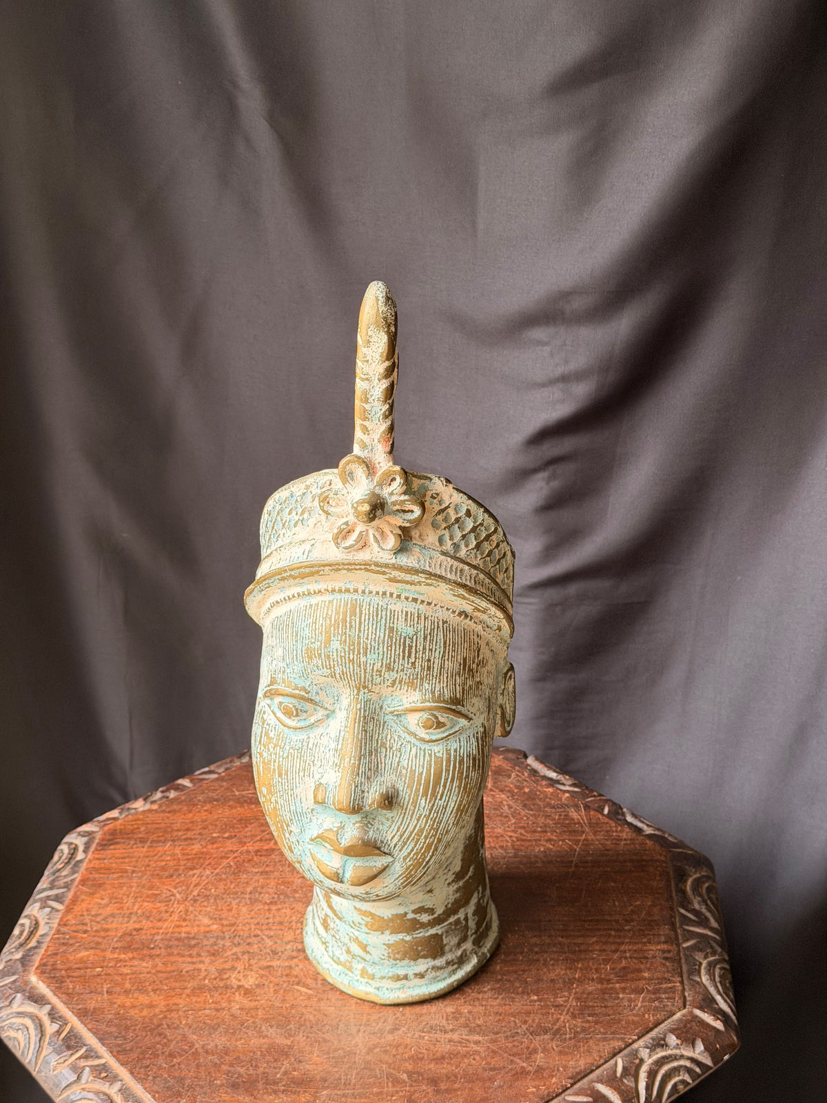 Vintage Nigerian Cast Brass Ife Head Beaded Crown Plume Yoruba Sculpture 18 in