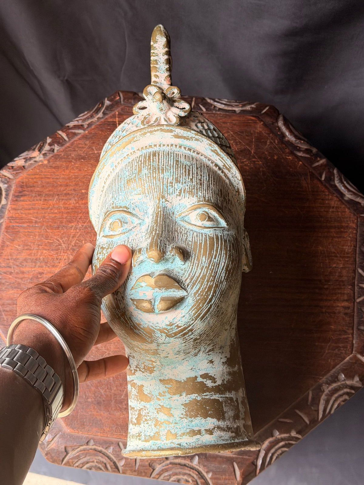 Vintage Nigerian Cast Brass Ife Head Beaded Crown Plume Yoruba Sculpture 18 in