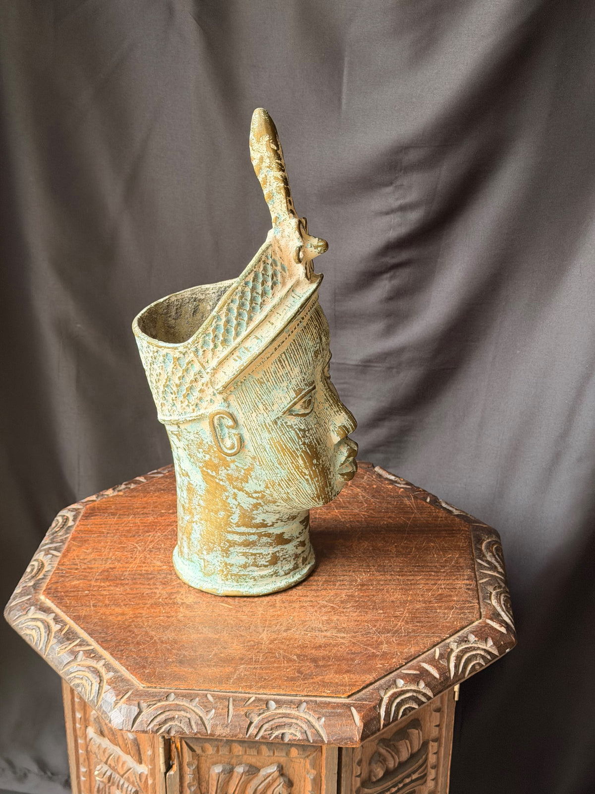 Vintage Nigerian Cast Brass Ife Head Beaded Crown Plume Yoruba Sculpture 18 in