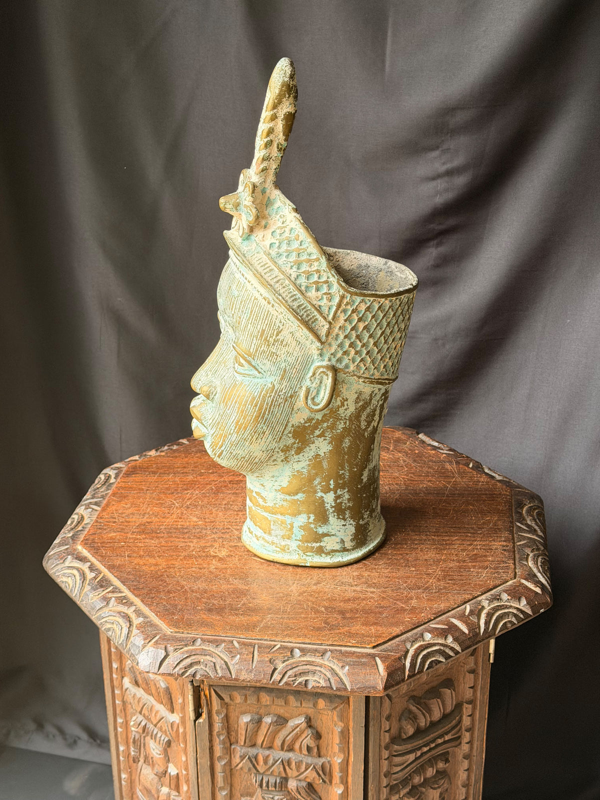 Vintage Nigerian Cast Brass Ife Head Beaded Crown Plume Yoruba Sculpture 18 in