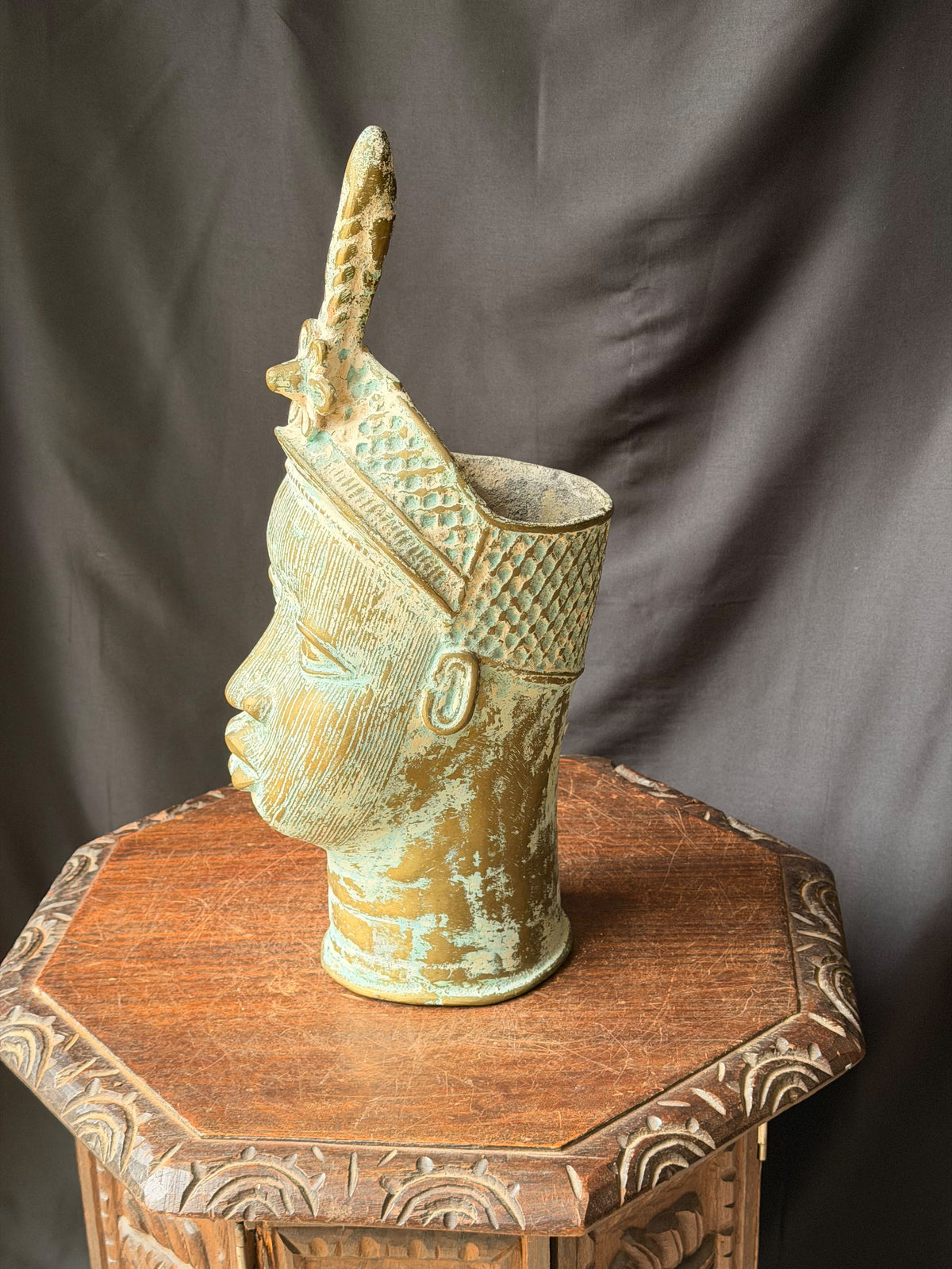 Vintage Nigerian Cast Brass Ife Head Beaded Crown Plume Yoruba Sculpture 18 in